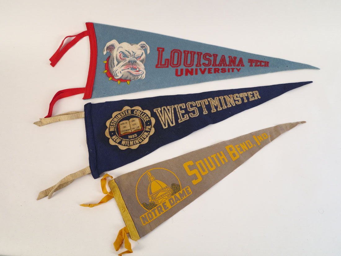 (3) Large College Pennants, Notre Dame, Westminster: Lot of 3 College Pennants: Notre Dame, Westminster, Louisiana University. Approx. 17-23"