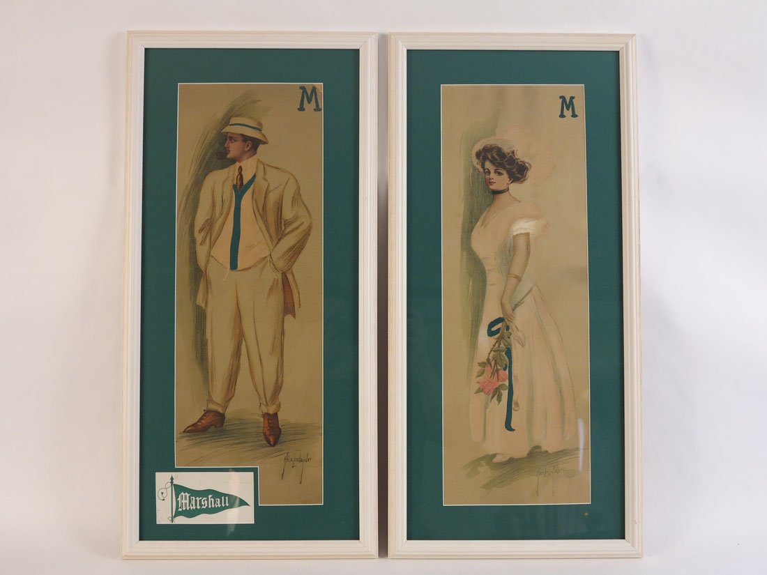 Marshall University Man & Woman Prints, Alice Fidler: Pair of Marshall Man & Woman Prints. By Alice Luella Fidler. Man with Marshall Postcard and missing top corner. 14x29"