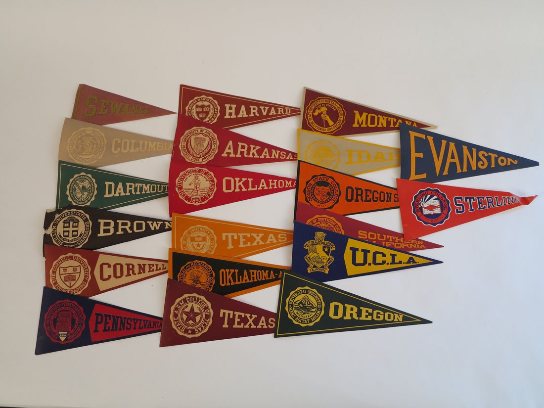(20) College Paper Decal Pennants 8" Unused: Lot of 20 Paper Decal College Pennants. Unused Adhesive on Back. Approx. 8"