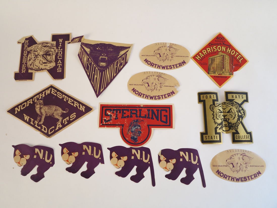 (13) College Paper Decals, Northwestern: Lot of 13 Paper Decal College Pennants. Mostly Northwestern.