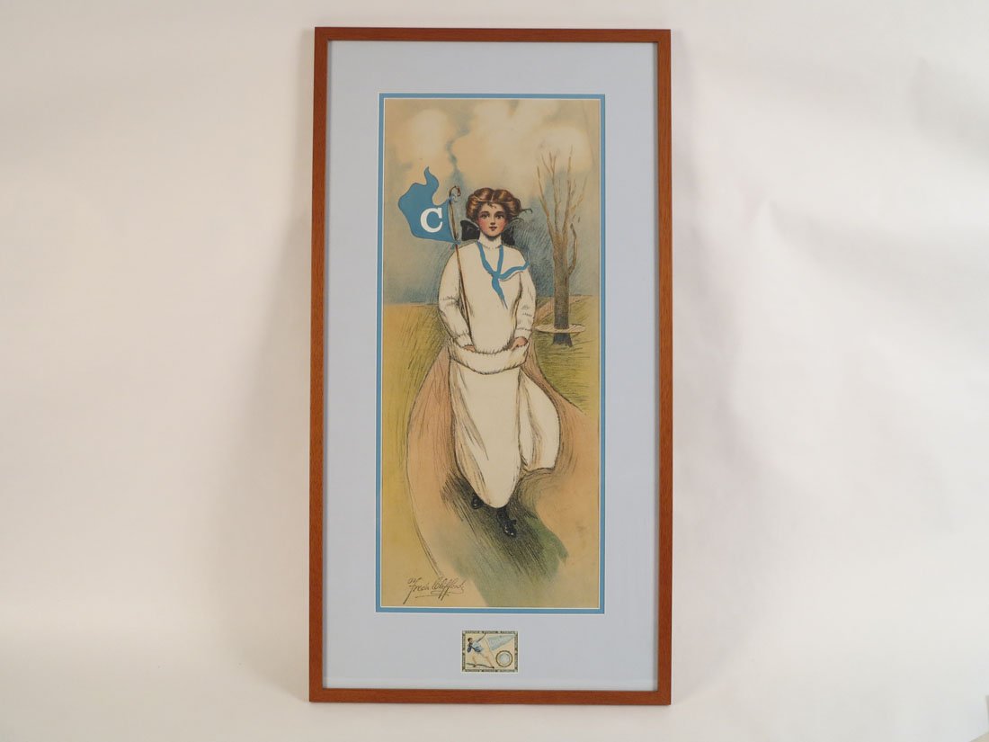Columbia Pennant Girl Print, Freda Clifford: Freda Clifford Columbia College Pennant Girl with Tobacco Card. 16.25x30.5"