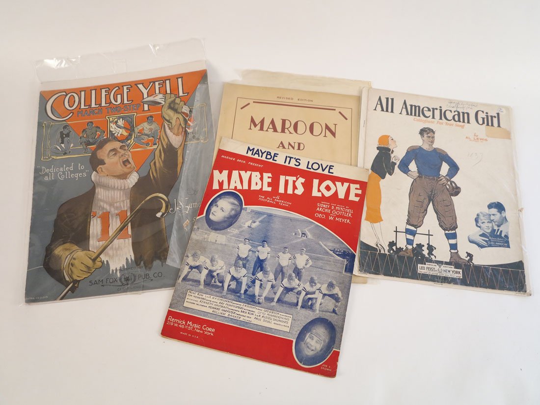 (4) Pieces of Football Themed Sheet Music: Lot of 4 Pieces of Sheet Music: Maybe It's Love with the All American Football Team, All American Girl by Al Lewis, Maroon & White Mississippi State College, College Yell March Two Step.