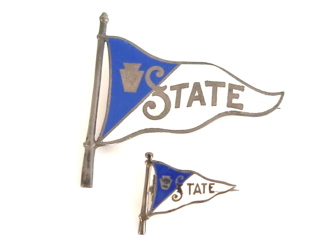 (2) c. 1890 Enameled Penn State Pennant Pins, Sterling: Pair of Sterling Silver Enameled Penn State Pennant Pins .75", 1.75"