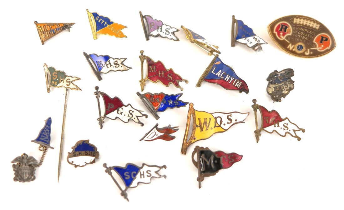 Collection of 20 Enameled College & H.S. Pennant Pins: Collection of 20 Enameled Pennant Pins and Others. MTS, THS, MHS, WHS, BHS, SHS, SCHS, PGS,CBSNS,PHS, Navy, Portland, Lahcyim, DEL, Some sterling Silver.