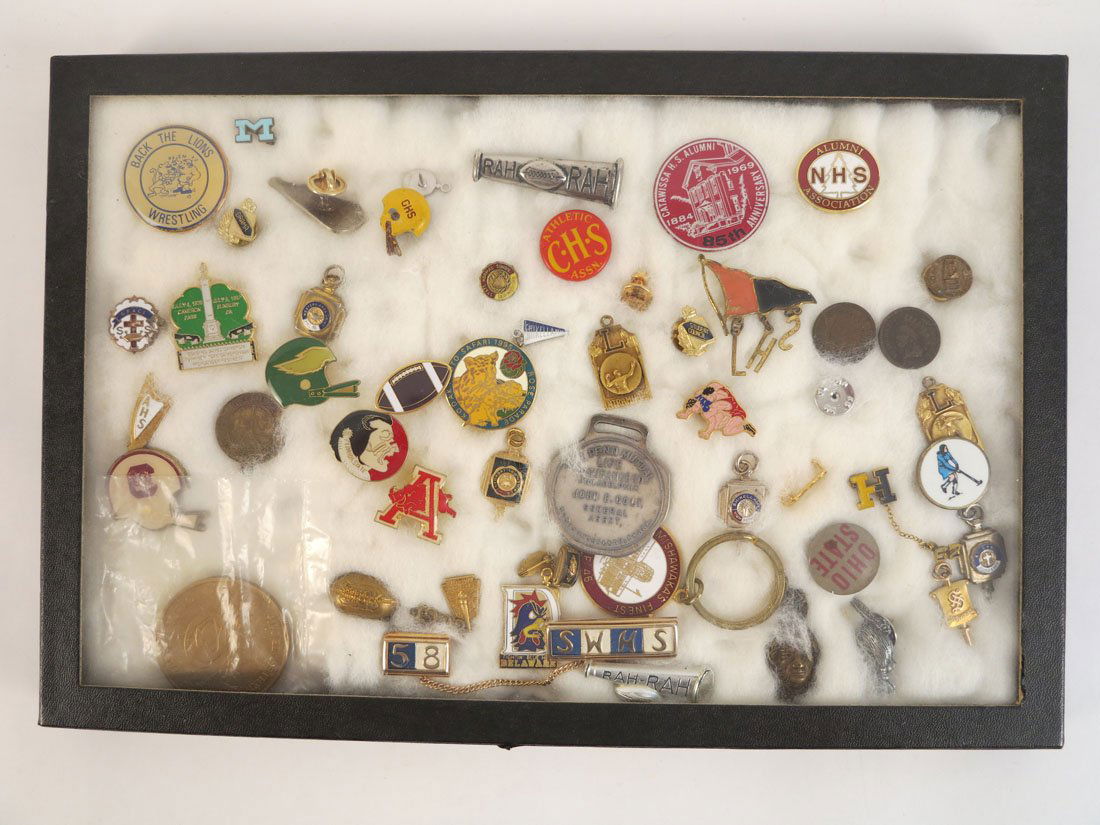 Case of Sports & College Collectible Pins & Others: Case of Sports & College Collectible Pins & Others. Including: Ohio State, LHS, CHS, NHS, Florida St, Grace, State Normal School Bloomsburg, Rose Bowl Collegiate Cap, and Others.