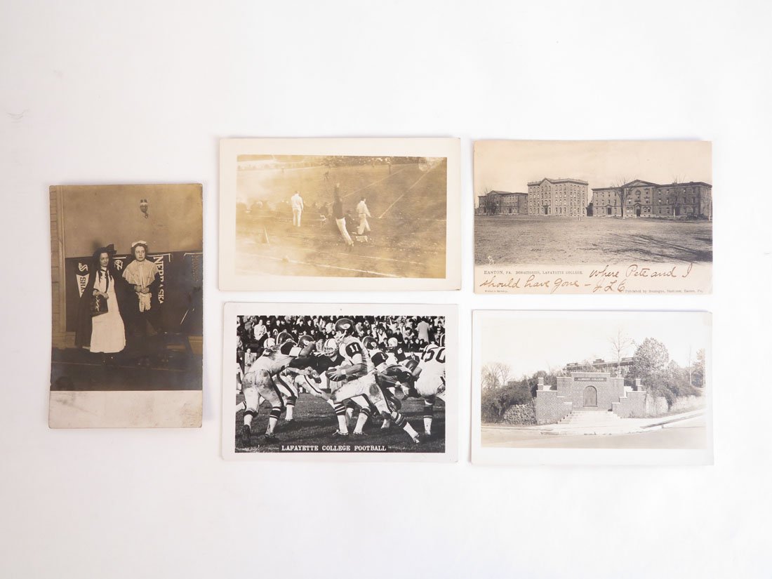 (5) Postcards, Photocard of Football Game: Lot of 5 Postcards: Early Photocard with Pennants in Background, Early Football Scene, Lafayette Football, Albright College, Lafayette Dorms.
