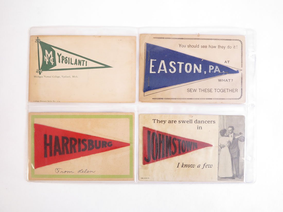 (4) College Pennant Postcards, Johnstown, Harrisburg: Lot of 4 Pennant Postcards: Michigan Normal College Ypsilanti, With Felt Pennant Attached: Johnstown, Harrisburg, Easton PA.