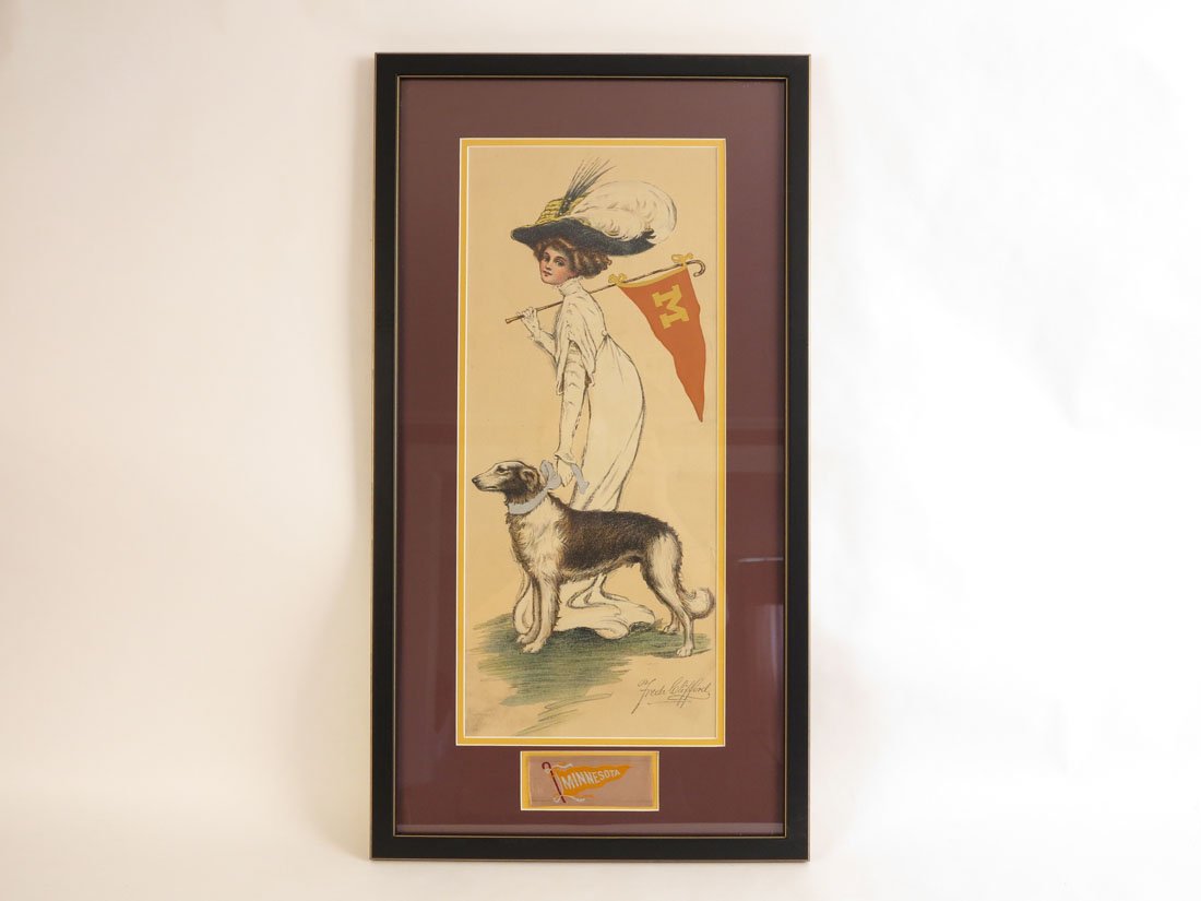 Minnesota Pennant Girl Print, Freda Clifford w/ Silk: Minnesota Pennant Girl Print by Freda Clifford with Tobacco Silk. 15.25x28"