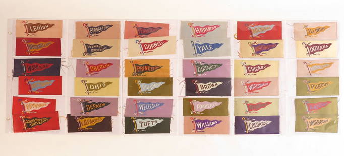 Collection of (68) S24 College Pennant Tobacco Silks: Collection of 68 S24 College Tobacco Silks with Pennant on Cane. Approx. 1.75x4.5"