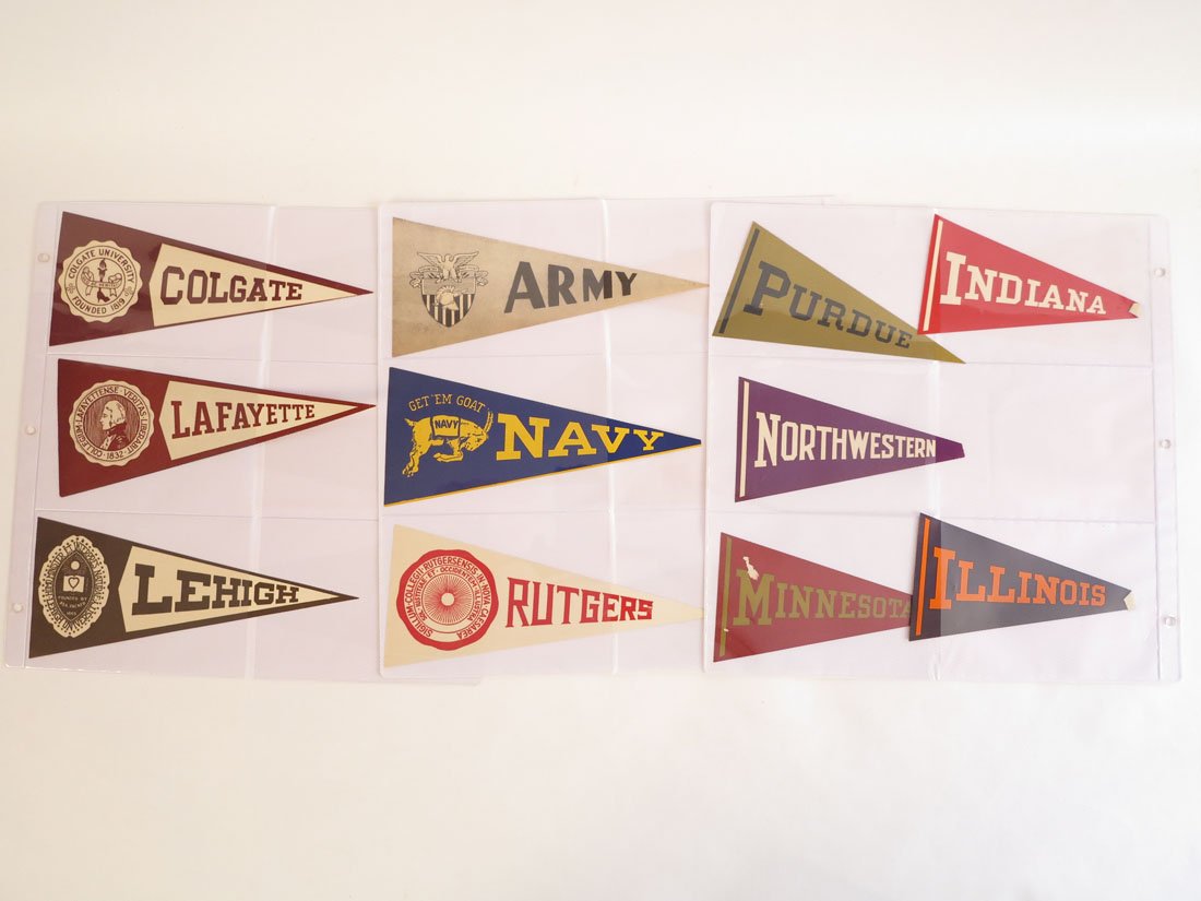 (18) Paper College Pennant Decals, Army, Navy, USC: Lot of 18 Paper College Pennant Decals. 9 are 6", 9 are 8"