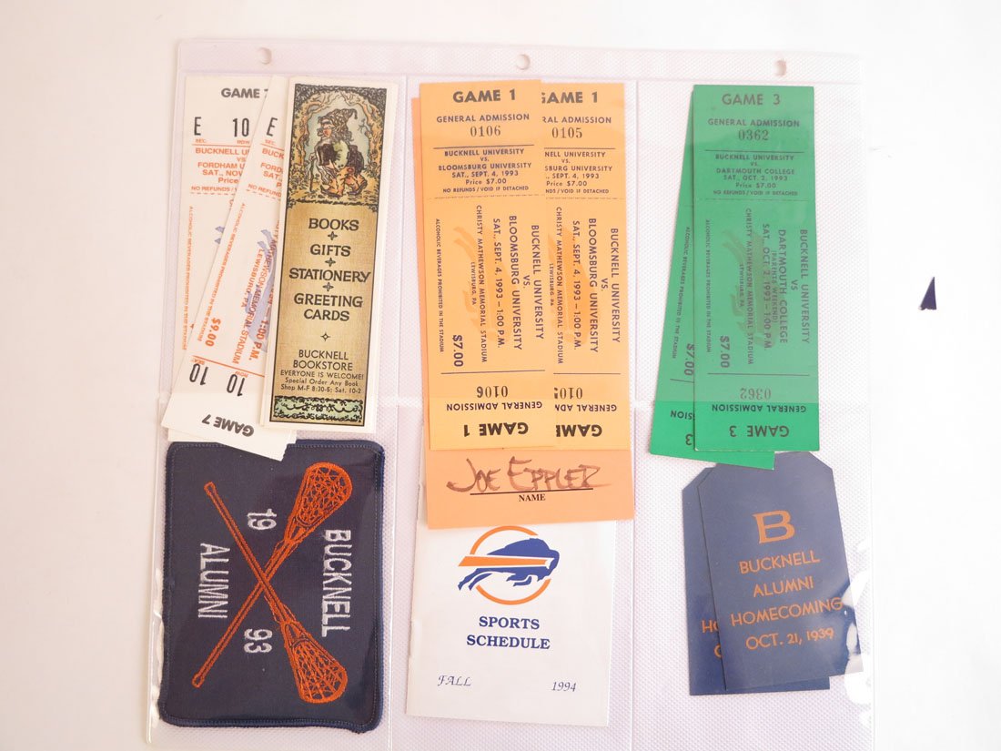 Group of Bucknell University Items, Tickets, Schedules: Group of Bucknell Items: Tickets, Schedules, Patches. Including Pair of Bucknell Alumni Homecoming Oct. 21, 1939.