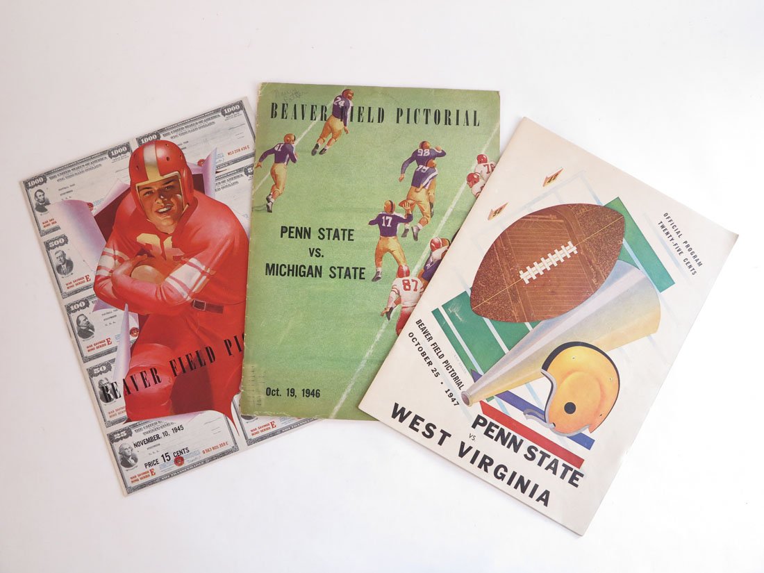 (3) Penn State Football Programs, 1940's: Lot of 3 Beaver Field Pictorial Penn State Football Programs: vs West Virginia Oct 25, 1947; vs Michigan St Oct 19, 1946; vs Temple Nov 10, 1945.