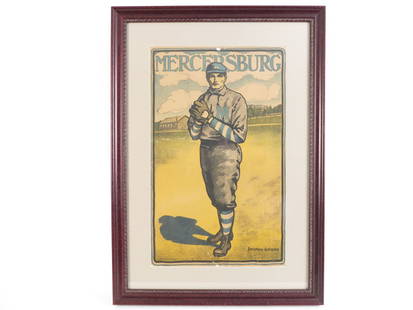 Mercersburg Baseball Poster by Bristous Adams 1903: Mercersburg Baseball Poster. By Bristous Adams. Copyright 1903 BY The Potomac Press Washington DC. Some tears on top and along bottom. 21x28.5"