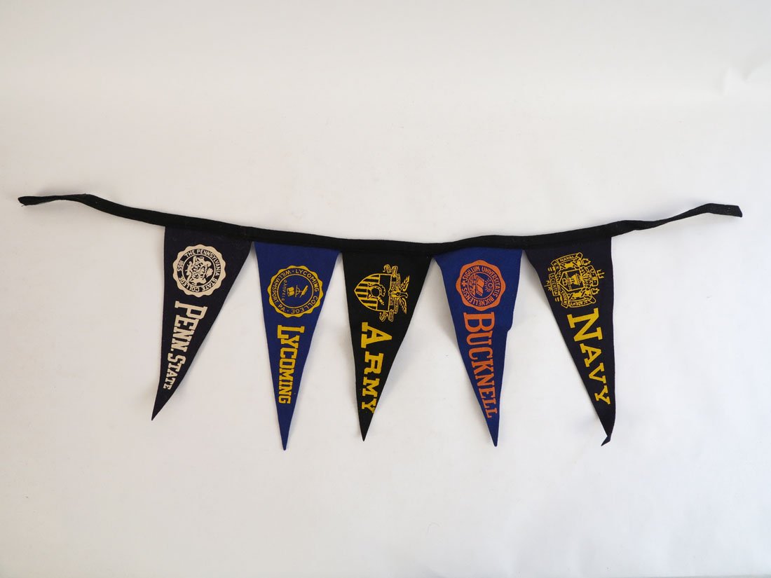 String of 5 College Felt Pennants, Army, Navy, Bucknell: String of 5 College Felt Pennants. Army, Navy, Bucknell, Penn St, Lycoming. 9"