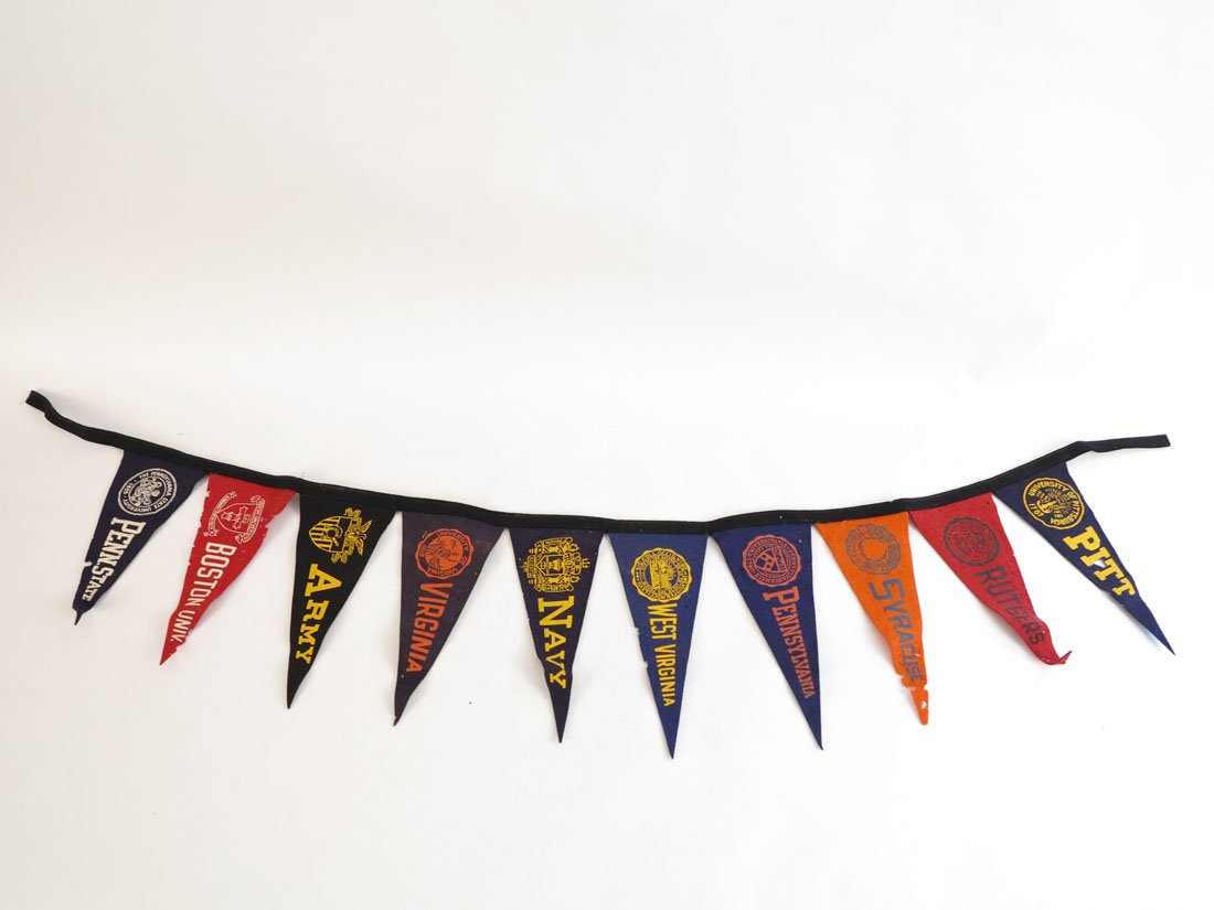 String of 10 College Felt Pennants. Penn State, Navy: String of 10 College Felt Pennants. Penn State, Boston University, Virginia, Navy, West Virginia, Pennsylvania, Syracuse, Rutgers, Pitt. 9"