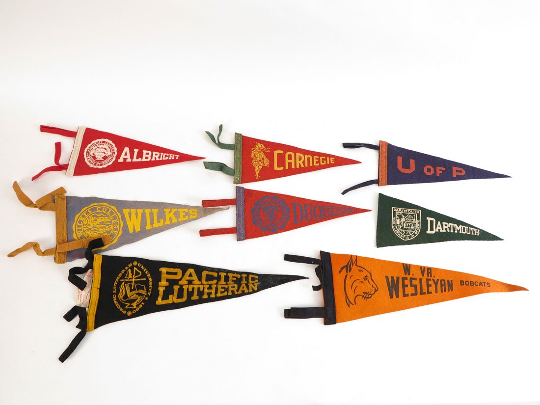 Lot of 8 College Felt Pennants, Wilkes, Duquesne: Lot of 8 College Felt Pennants. U of P, Carnegie, Albright, Dartmouth, Wilkes, Duquesne, Wesleyan W. Va., Pacific Lutheran. Approx. 9-11"