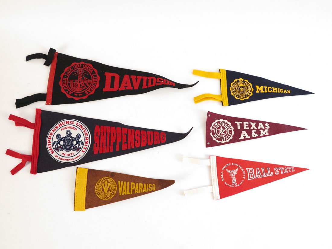 Lot of 6 College Felt Pennants, Michigan, Shippensburg: Lot of 6 College Felt Pennants. Ball State, Texas A&M, Michigan, Valparaiso, Shippensburg, Davidson. Approx. 9-15"