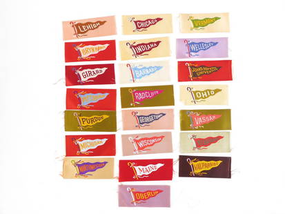 (22) S24 College Pennant Tobacco Silks: Lot of 22 S24 College Tobacco Silks. Including Northwestern, Girard, Pittsburgh, Bryn Mawr, Radcliffe, Barnard, Vassar.