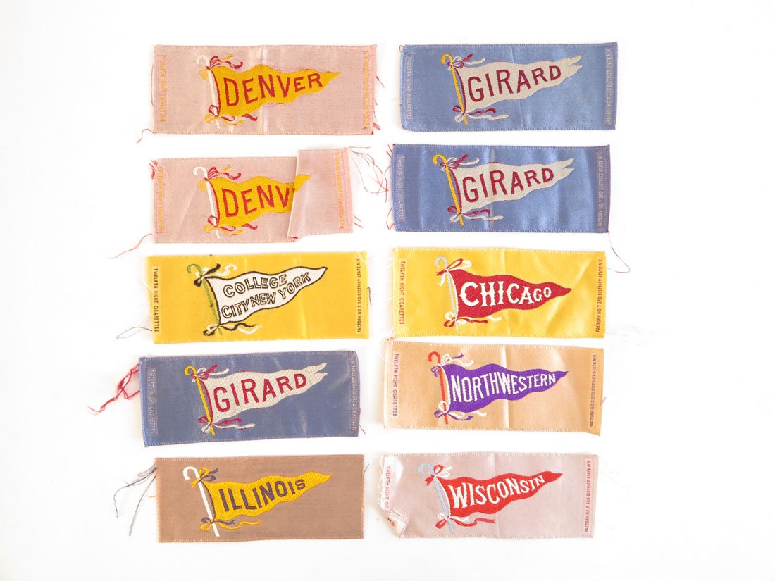 (10) S24 College Pennant Tobacco Silks: Lot of 10 S24 College Tobacco Silks. Twelfth Night Cigarettes. Girard(2), Denver(2), Illinois, Chicago, Northwestern, College City New York, Wisconsin.