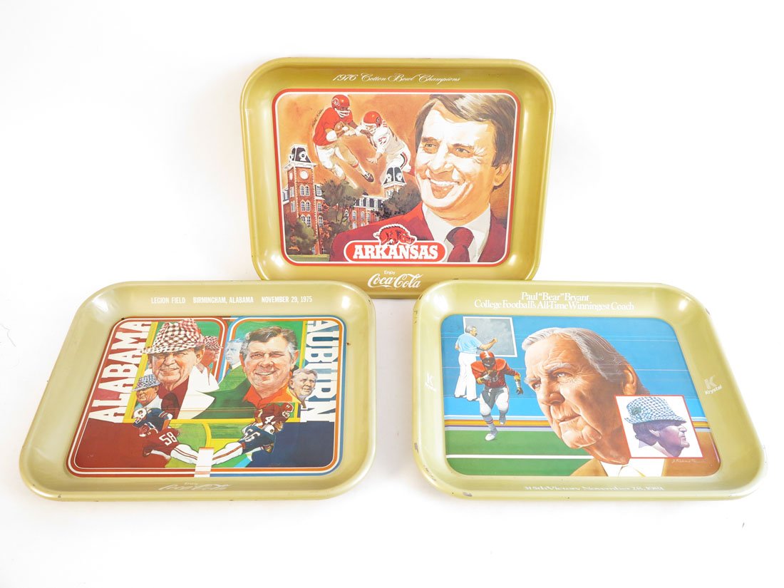 (3) Coca-Cola & Krystal College Football Trays: Lot of 3 Coca Cola & Krystal Trays. 1976 Arkansas Cotton Bowl Champions, Paul "Bear" Bryant 315th Victory Nov 28, 1981, Alabama v Auburn Nov 29, 1975