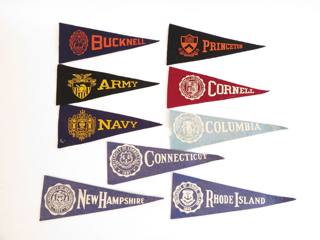 (9) College Felt Pennants, Bucknell, Cornell, Navy: Lot of 9 College Felt Pennants. Rhode Island, Cornell, Army, Bucknell, Princeton, Columbia, Navy, New Hampshire, Connecticut. 10"