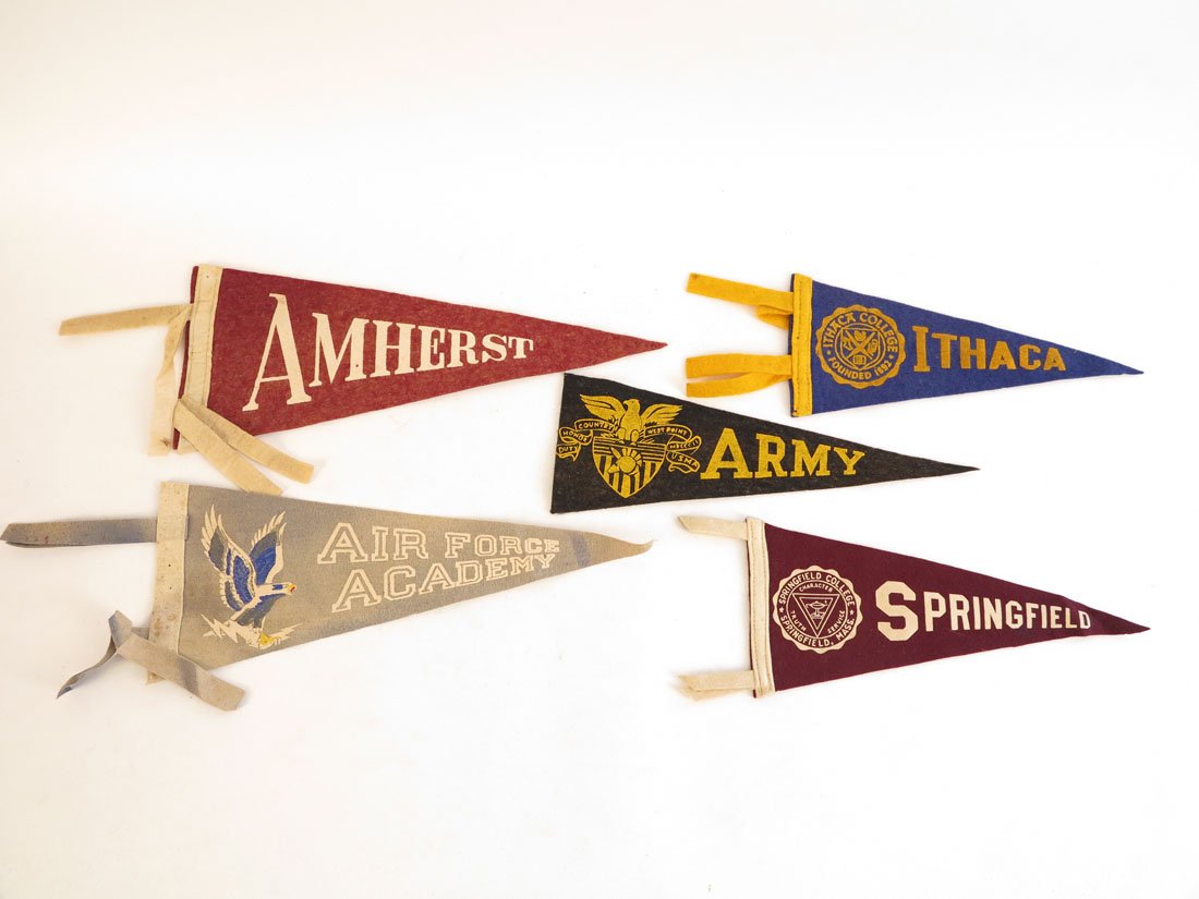 (5) College Felt Pennants, Ithaca, Amherst, Army: Lot of 5 College Felt Pennants. Springfield, Ithaca, Air Force, Amherst, Army.