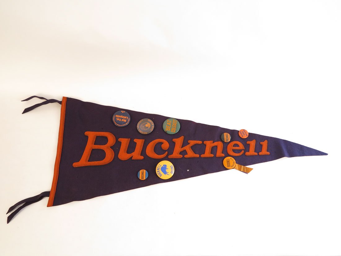 Bucknell University Felt Pennant with 8 Pinbacks, 33": Bucknell University Felt Pennant with 8 Pinbacks & Sewn on Letters. 33"