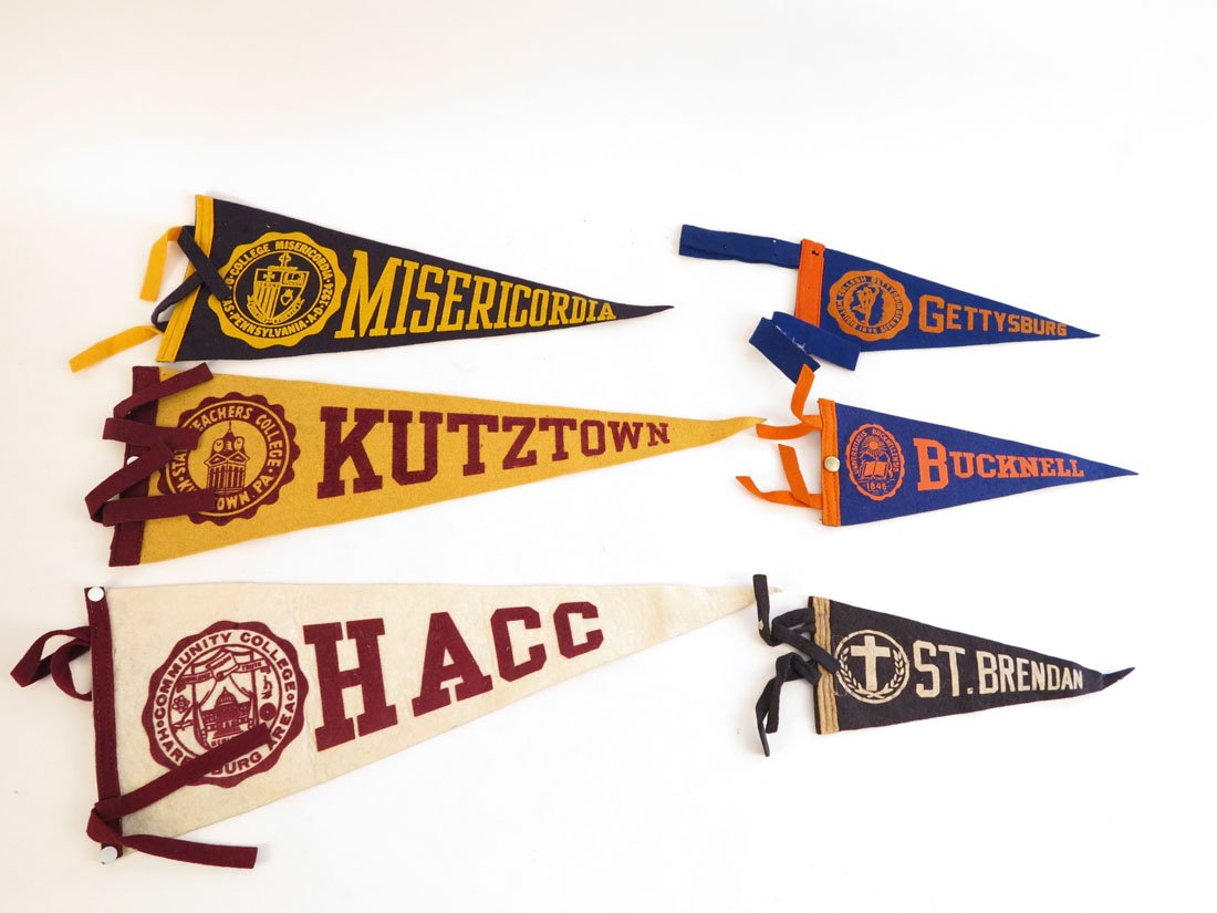 (6) College Felt Pennants, HACC, Gettysburg, Kutztown: Lot of 6 Felt Pennants. HACC, Gettysburg, Miseracordia, Kutztown, St. Brendan, Bucknell. 8-18"