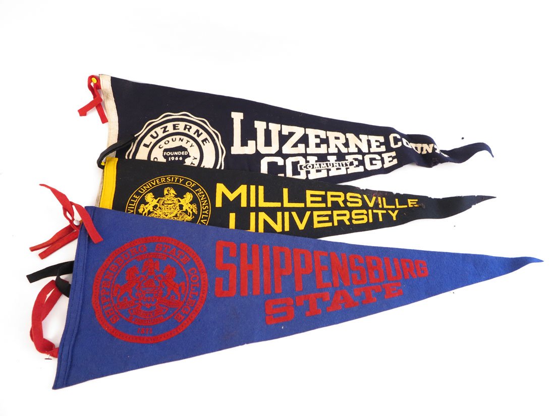 (3) College Felt Pennants, Millersville, LCCC, 29": Lot of 3 College Felt Pennants. Millersville with some damage, Shippensburg, Luzerne County Community College. 29"