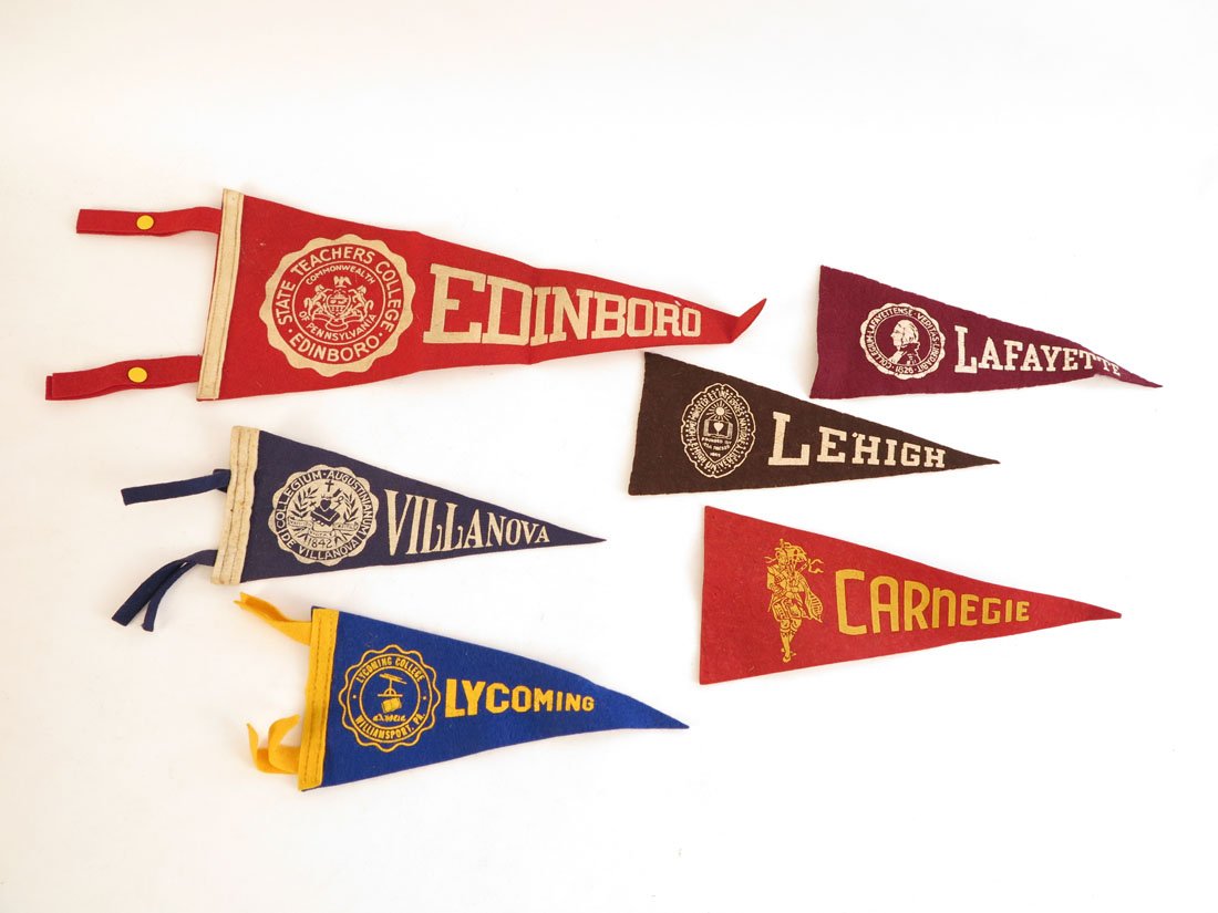 (5) Small College Felt Pennants, Lafayette, Edinboro: Lot of 5 College Felt Pennants. Lafayette, Carnegie, Lehigh, Lycoming, Villanova, Edinboro.8-13"