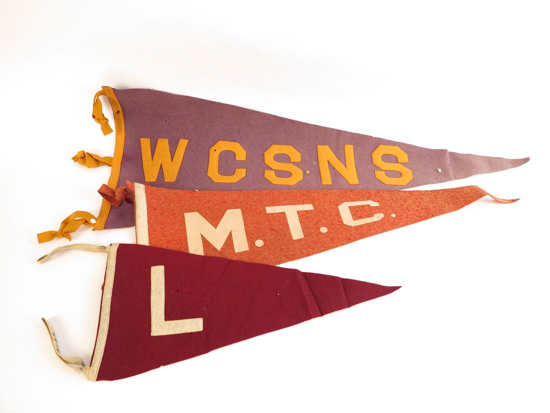 (3) Vintage Felt Pennants, Sewn on Letters: Lot of 3 Vintage Felt Pennants with Sewn on Letters. L, M.T.C., WCSNS.17-31"