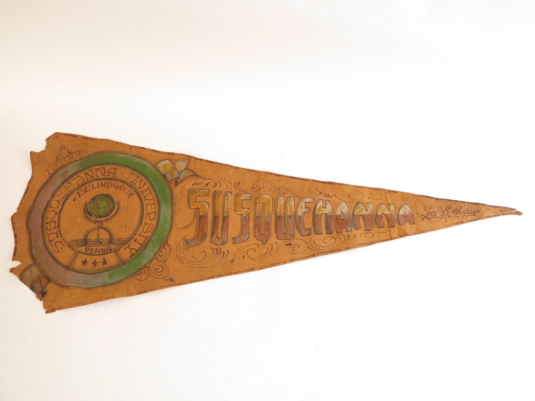 Susquehanna University Leather Pennant: Susquehanna University Leather Pennant. Made by the Barndoor Studio. Some damage.