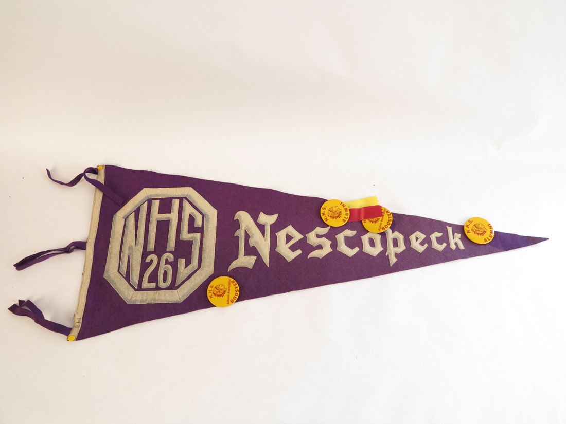 Nescopeck High School Felt Pennant, 33": Nescopeck High School Felt Pennant with Sewn on Letters and 4 Pinbacks. 33"