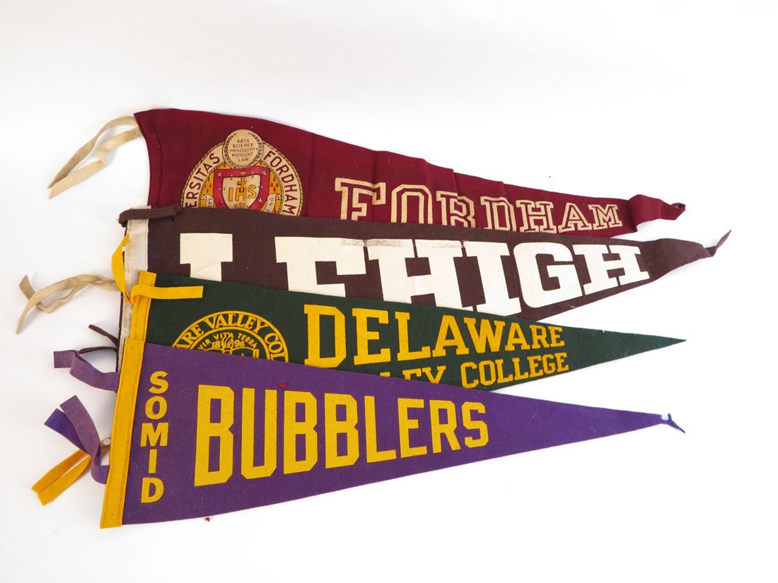 (4) College Pennants, Somid Bubblers, Lehigh, Fordham: Lot of 4 Pennants: Somid Bubblers, Delaware Valley College, Lehigh, Fordham. 23-28"