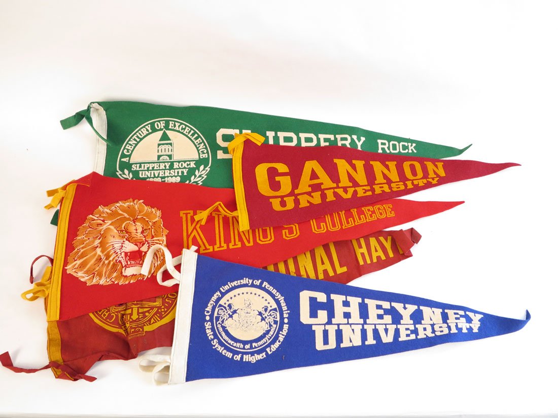 (5) College Pennants, Cheyney, Kings, Slippery Rock: Lot of 5 Pennants: Cheyney, Kings, Gannon, Cardinal Hayes, Slippery Rock. 23-25"