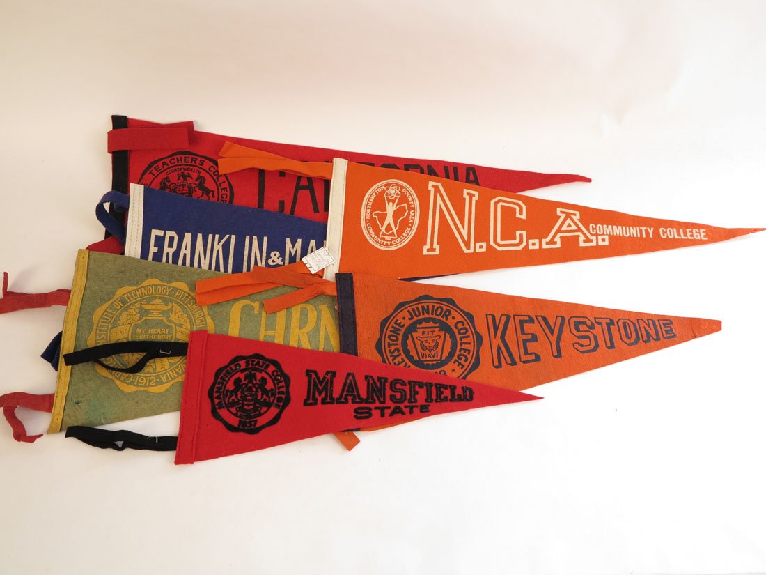 (6) College Felt Pennants, F&M, Mansfield State: Lot of 6 College Felt Pennants. California State Teachers College, F & M, Mansfield State, Keystone Junior College, Carnegie Tech, Northampton County Area Community College. 15-23"