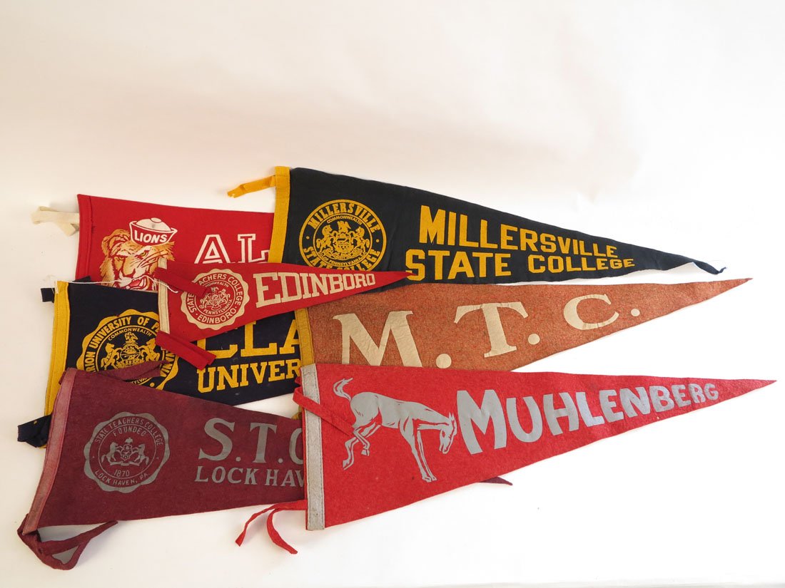 (7) College Felt Pennants, Edinboro, Clarion, Albright: Lot of 7 College Felt Pennants. Edinboro, Albright, Clarion, Muhlenberg, MTC, Millersville, STC Lock Haven. 14-26"