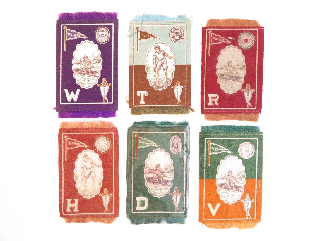 (6) B33 College Athlete, Seal, Pennant Tobacco Blankets: Lot of 6 B33 College Sports Tobacco Blankets. Dartmouth, Vermont, Rutgers, Tufts, Williams, Harvard.