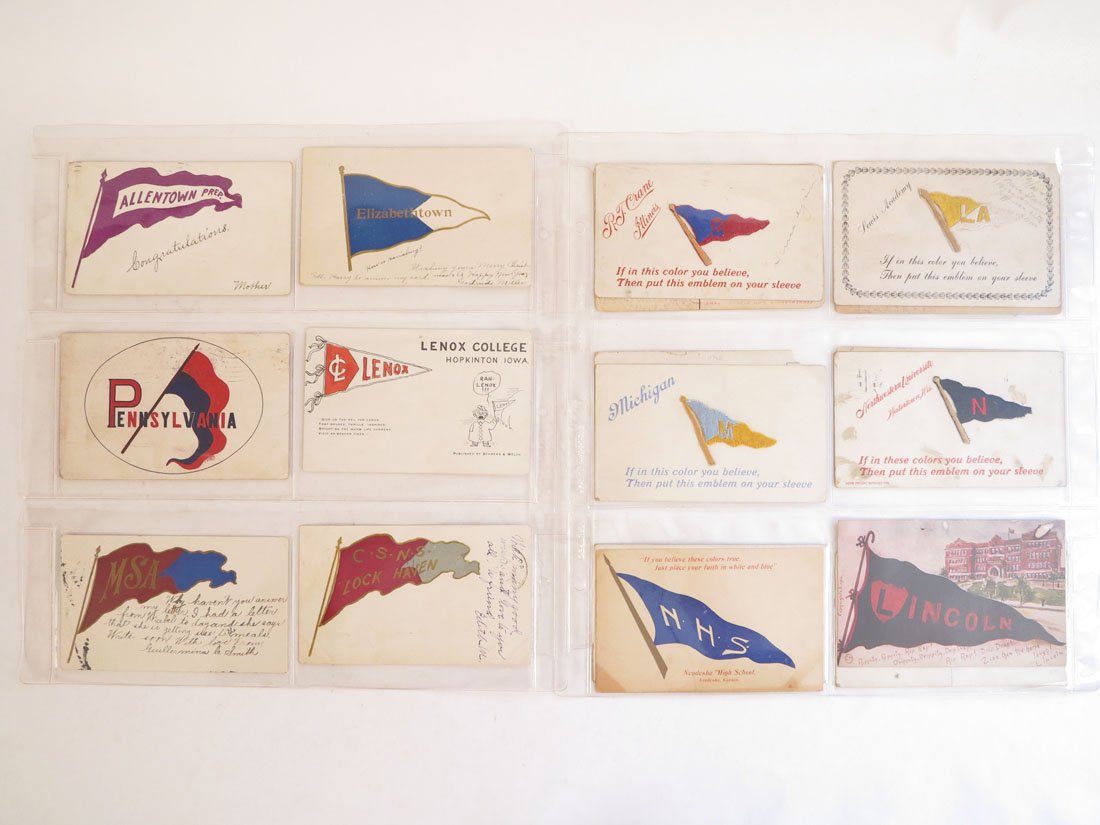 (18) Mainly College Pennant Postcards: Lot of 18 Mainly College Pennant Postcards. Some with Embroidered on Pennant Emblems. Including: Michigan, Northwestern, Friends University