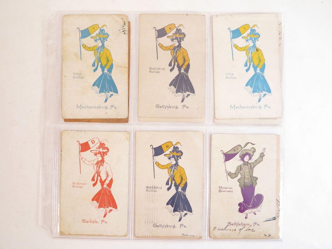 (12) College Pennant Girl Postcards, Moravian, Irving: Lot of 12 College Pennant Girl Postcards. Including: Moravian, Gettysburg, Dickinson, Irving, Susquehanna, Central State Normal School(Leather).