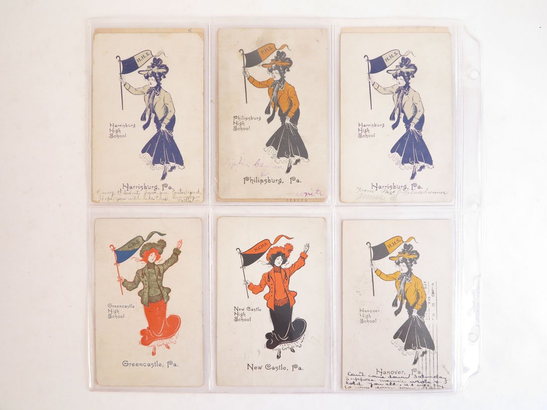 (9) PA High School Pennant Girl Postcards, Harrisburg: Lot of 9 High School Pennant Girl Postcards. Including: Harrisburg, Hanover, New Castle, Greencastle.