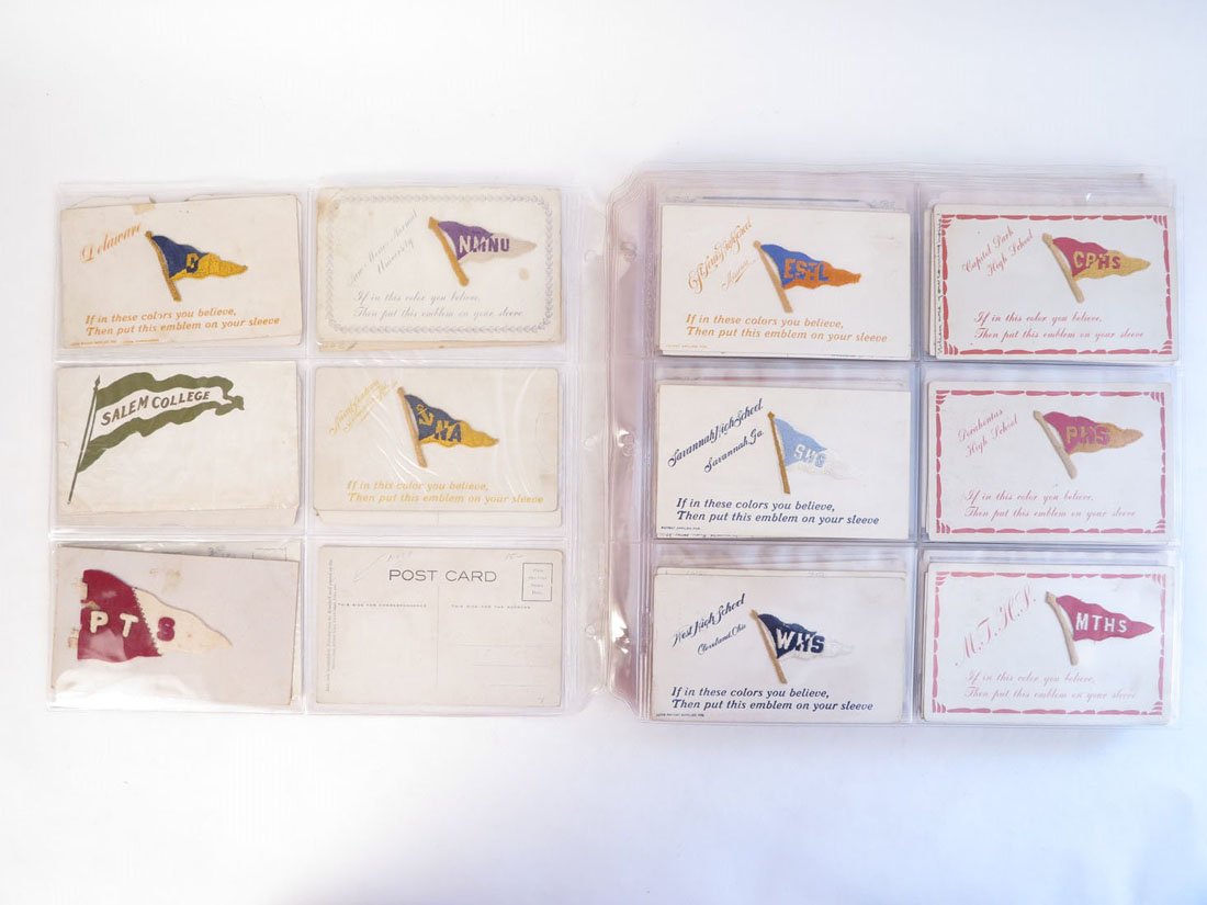 (119) College & H.S. Embroidered Pennant Postcards: Huge Collection of 119 College & High School Pennant Postcards with Attached Embroidered Pennant Emblems.
