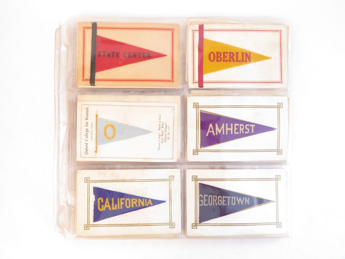 (48) College Pennant Postcards with Felt Pennants: Collection of 48 College Pennant Postcards with Felt Pennants Attached. Including: Higgins, Wayne, Michigan, Illinois, NY Normal Art School.