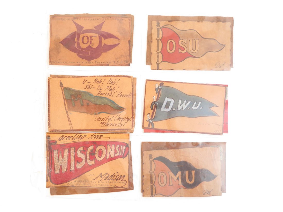 (12) Leather College Pennant Postcards: Lot of 12 Leather College Pennant Postcards. Including: OSU, OWU, Minnesota, OMU, Wisconsin, Barnard, Valder, and others.
