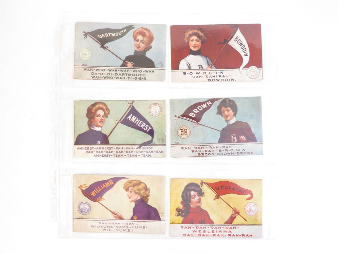 Set of 6 College Pennant Girl Postcards, Tuck: Set of 6 College Pennant Girl Postcards. The New England College Series By Raphael Tuck & Sons "Oilette". Dartmouth, Wesleyan, Williams, Amherst, Brown, Bowdoin.