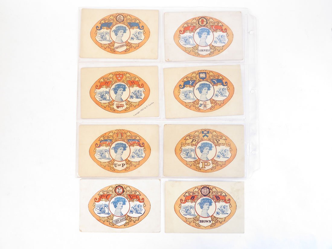 Set of 8 No. 5100 Football Series College Postcards: Complete Set of 8 No. 5100 Football Series College Postcards. Copyright 1907, P. Gordon. Brown, Chicago, Columbia, Cornell, Harvard, Yale, Pennsylvania, Princeton.