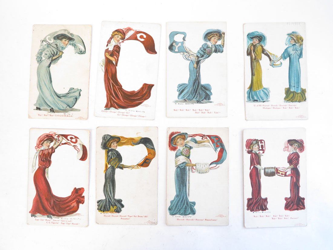 (8) College Girl Postcards 1907, F. Earl Christy: Set of 8 College Girl Postcards. Copyright 1907 Platinachrome Co. By F. Earl Christy. Harvard, Yale, Michigan, Chicago, Columbia, Princeton, Cornell, Pennsylvania.