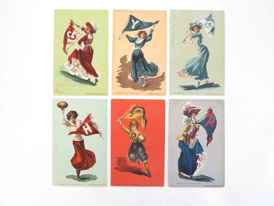 (6) College Pennant Girl Postcards 1905, Chicago: Set of 6 College Pennant Girl Postcards. Copyrighted by J. Bergman 1905. Illustrated Post Card Co. Harvard, Pennsylvania, Columbia, Yale, Cornell.