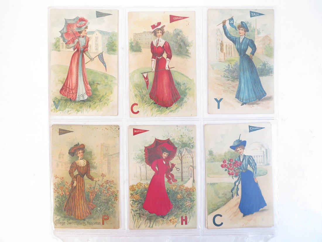 (10) College Pennant Girl Postcards, Vassar, Yale: Set of 10 College Pennant Girl Postcards. Vassar(2), Princeton(2), Yale(2), Cornell(2), Harvard, Columbia.