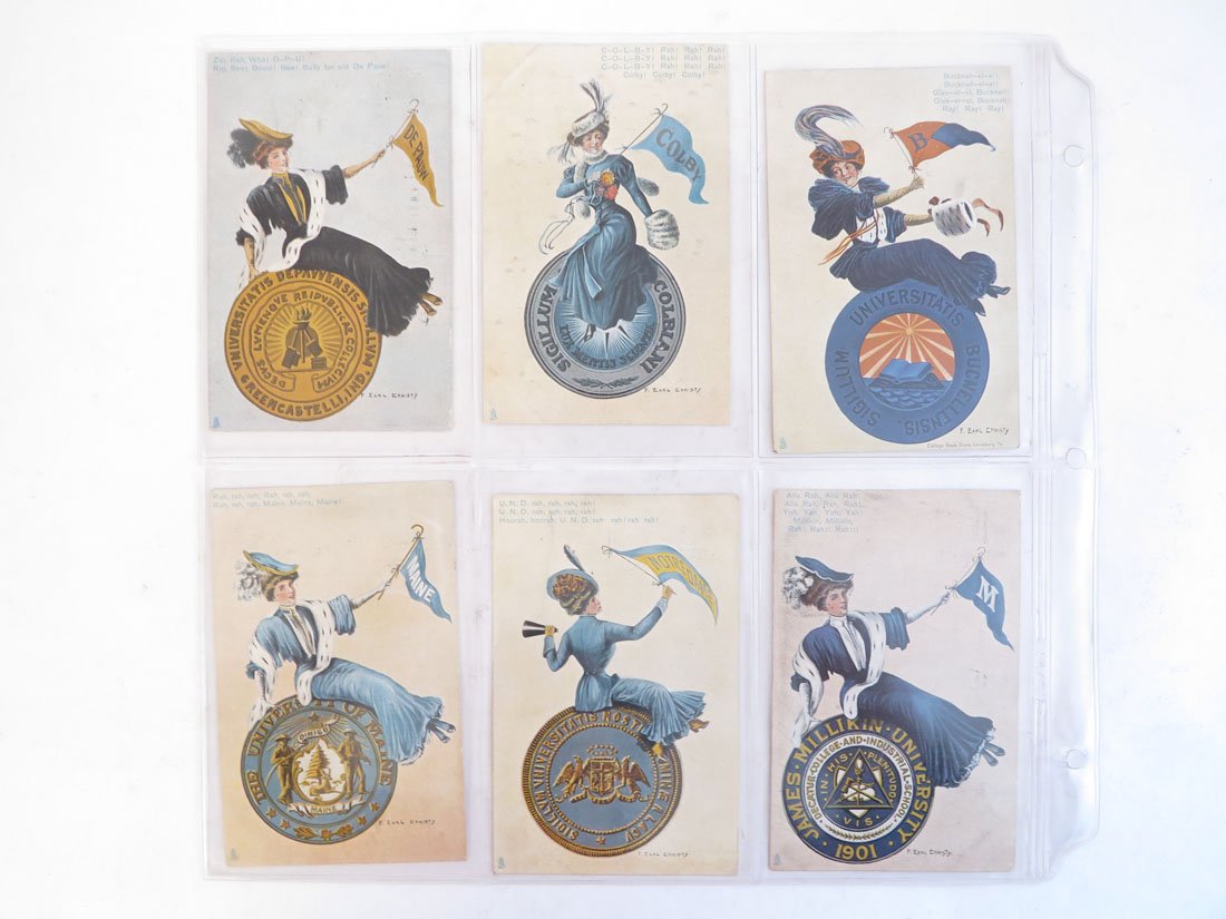 (6) Raphael Tuck, F. Earl Christy University Girl: Set of 6 Raphael Tuck & Sons Series No. 2678 "University Girls" By F. Earl Christy. Notre Dame, James Millikin University, Bucknell, Columbia, Maine, DePauw.